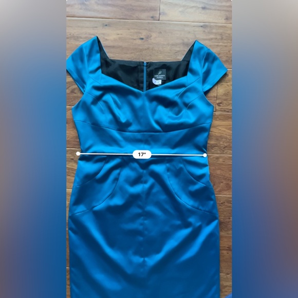 Adrianna Papell Women's Size 14 Blue Satin Sheath Midi Dress Cap Sleeve - Picture 6 of 9